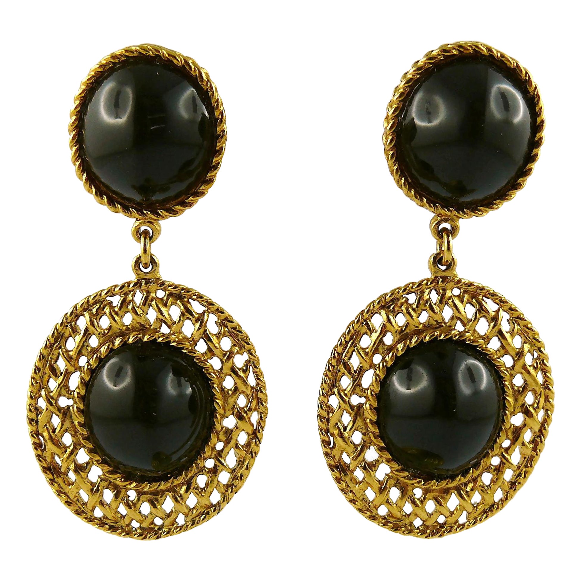 CHRISTIAN DIOR Boutique Vintage Gold Tone Canework Design Dangling Earrings For Sale