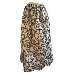 Vintage Oscar De La Renta White Silk Skirt with Black Embroidery