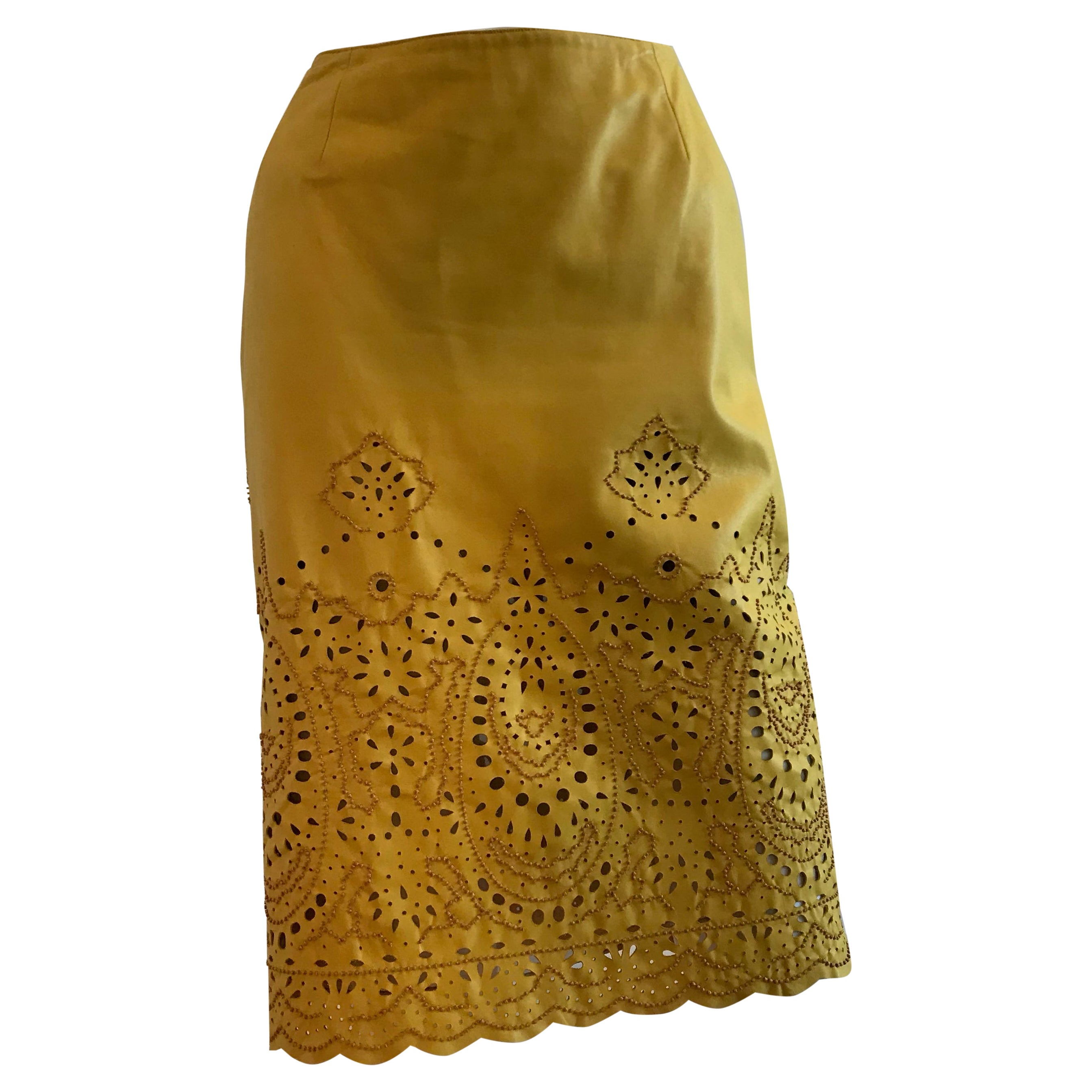 Oscar De La Renta for Saks Fifth Avenue Yellow Leather Cutout Beaded Skirt For Sale