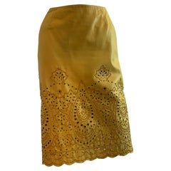 Oscar De La Renta for Saks Fifth Avenue Yellow Leather Cutout Beaded Skirt