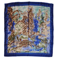 Vera Multi-Hues with Navy & Blue Border "Country Scenes" Silk Scarf