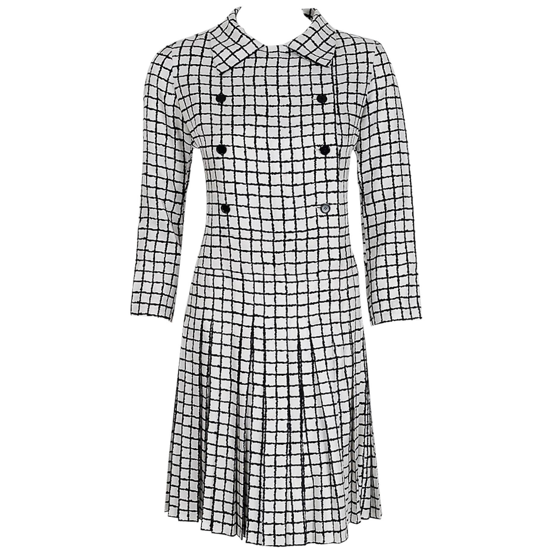 1967 Yves Saint Laurent Haute-Couture Black White Check Print Silk Pleated Dress