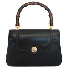 Gucci Vintage Navy Sac en cuir avec poignée en bambou - circa 1950's