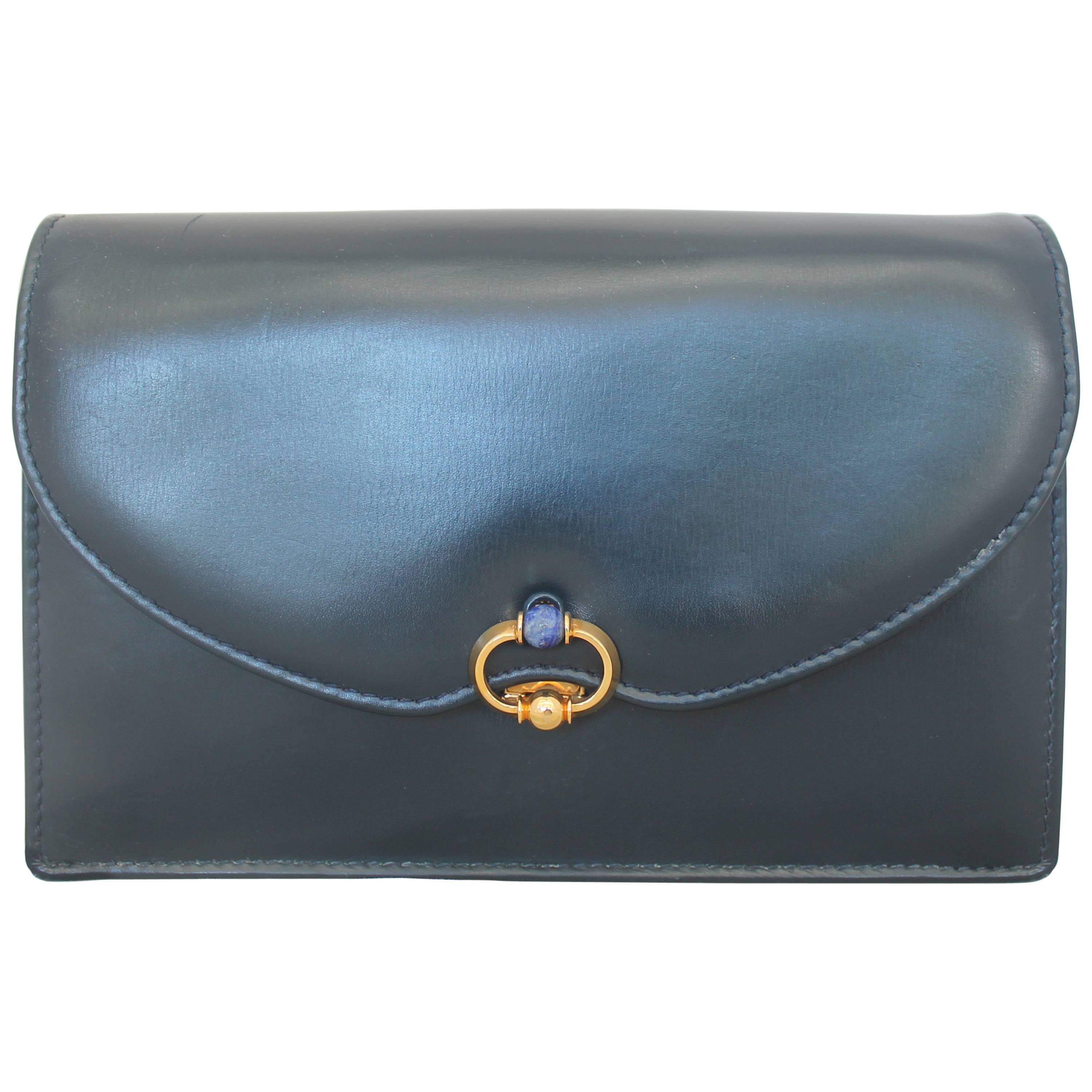 Gucci Vintage Navy Leather Clutch - GHW - Circa 1950's For Sale