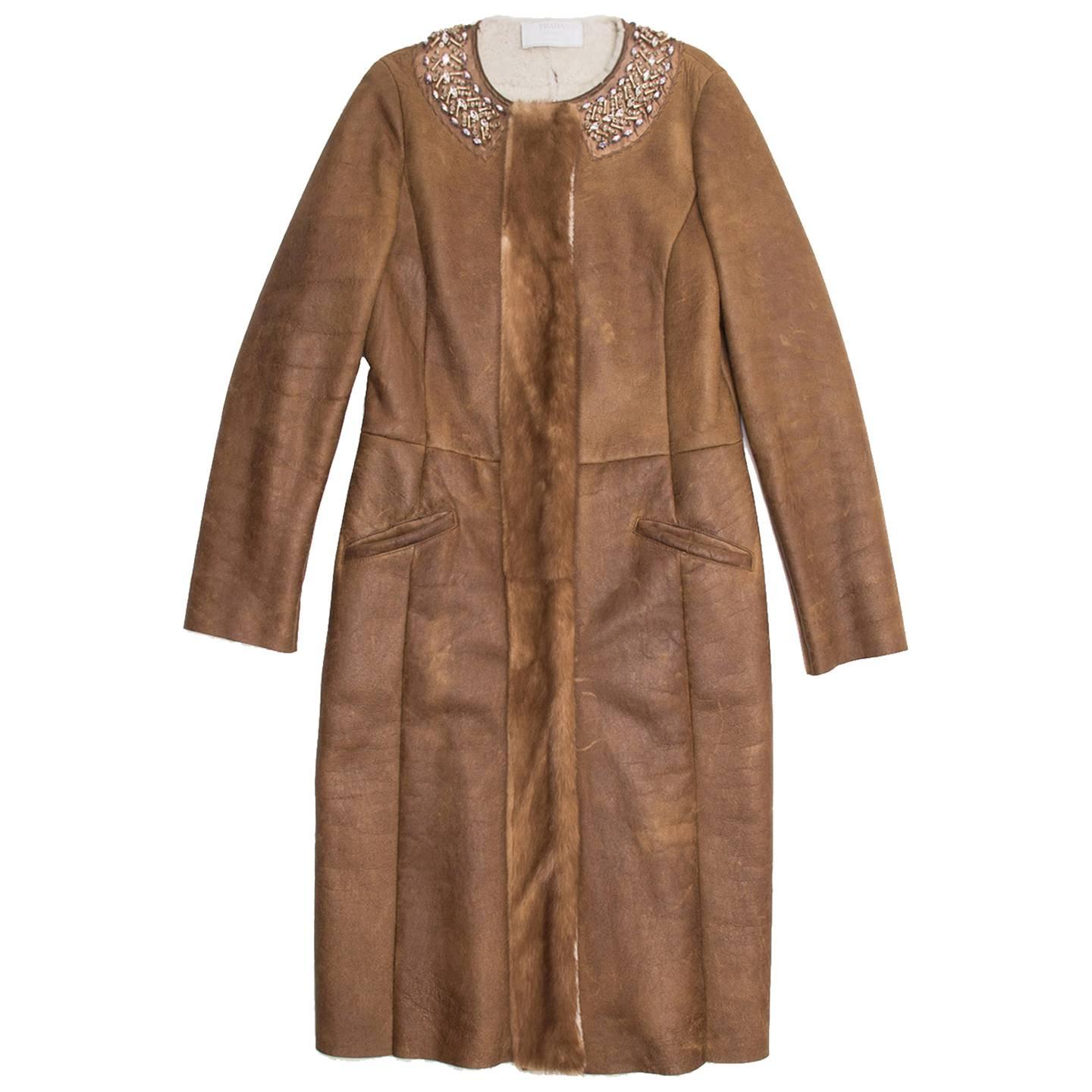 Prada Brown Shearling & Leather Coat For Sale