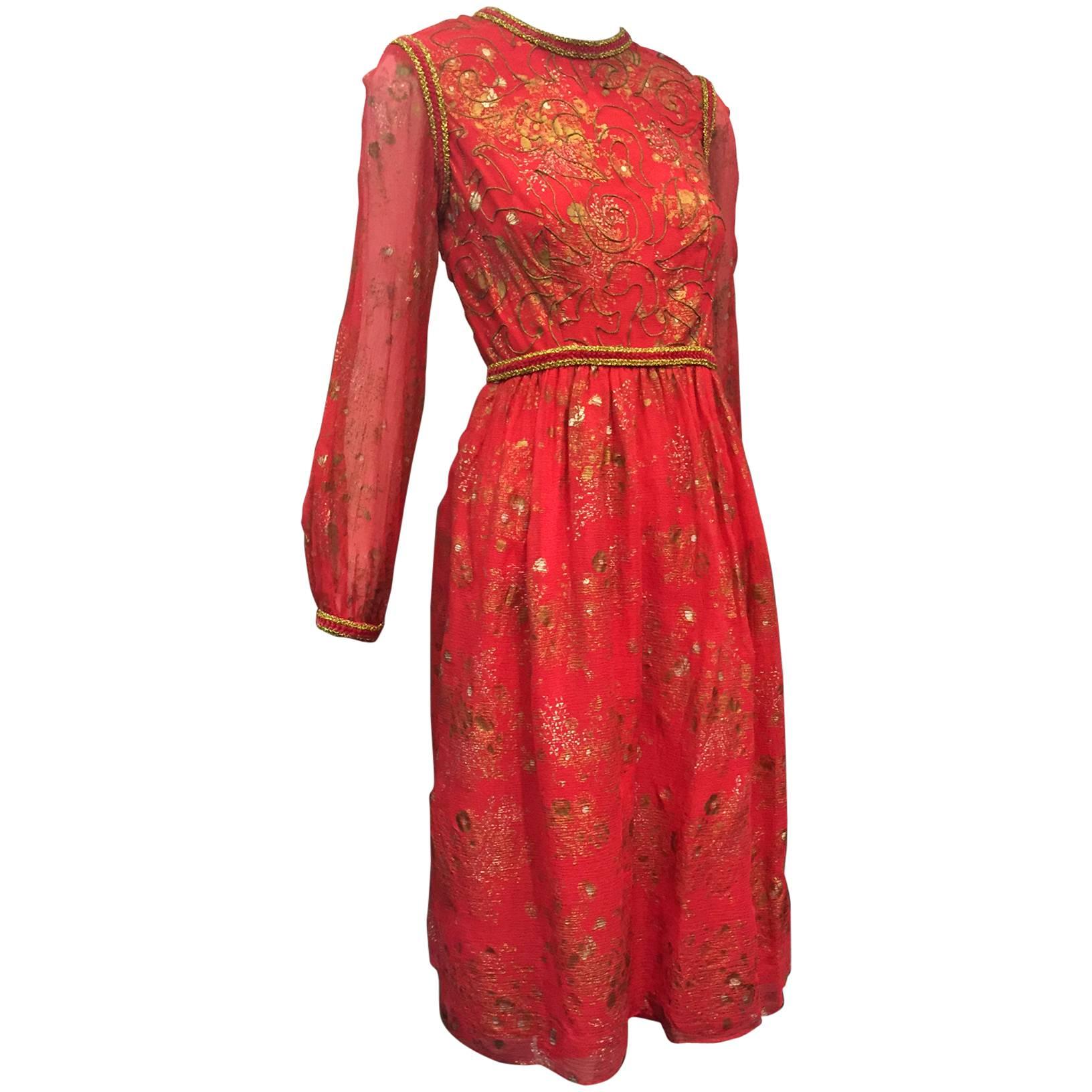 Early 1970s Oscar de La Renta Red Silk Peasant-Inspired Dress w/ Gold Trim