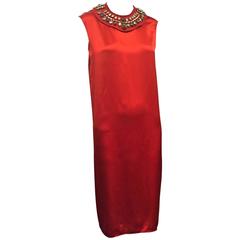 Lanvin Scarlet Silk Charmeuse Shift Dress w/ Heavily Jeweled Neckline
