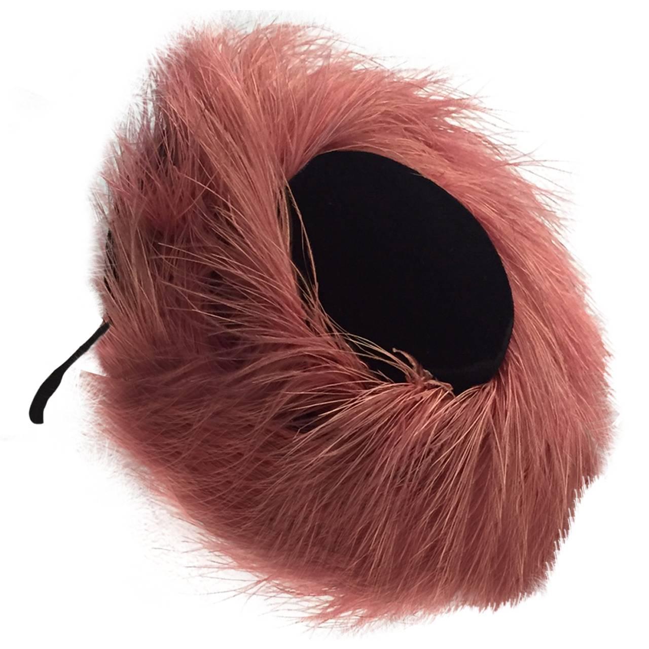 1940s New York Creations Pink Egret Feather and Black Velvet Tilt Hat 