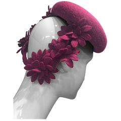 1940s Valerie Modes Magenta Felt Tilt Hat with Felt Flower Embellished Band