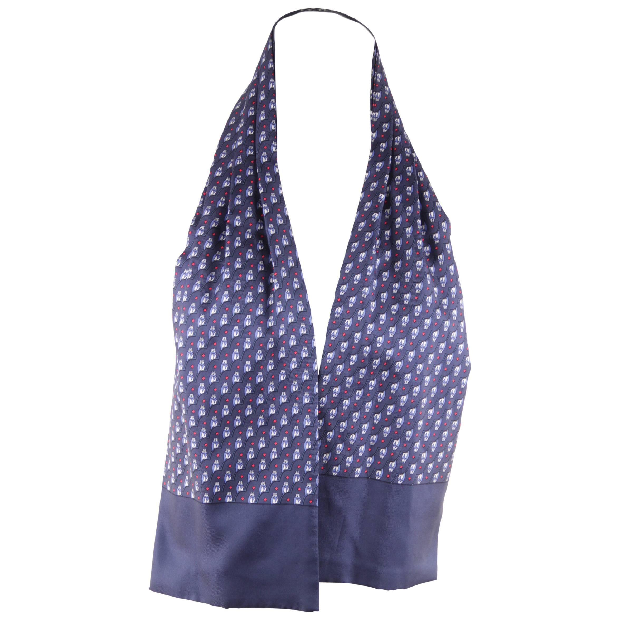 HERMES PARIS Vintage Blue Silk ASCOT SCARF Cravat Tie OWL Design w/ BOX