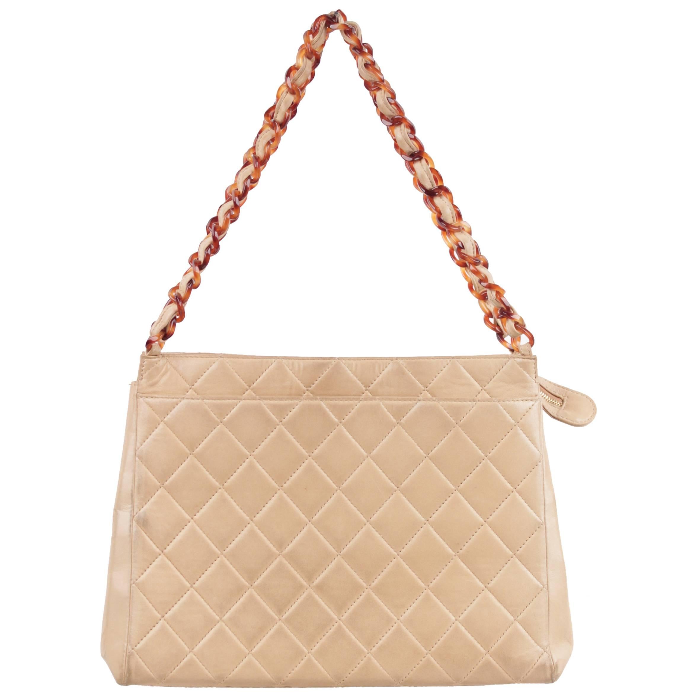 CHANEL Vintage Beige Quilted Leather LUCITE Chain TOTE