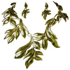 Retro Unsigned Oscar De La Renta Bold Leaf Necklace With Earrings Set