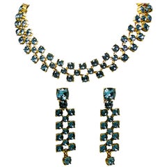 Vintage Oscar De La Renta Dark Blue Rhinestone Necklace & Drop Earrings