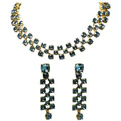Vintage Oscar De La Renta Dark Blue Rhinestone Necklace & Drop Earrings 3