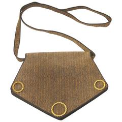 Vintage Made In Paris Herringbone Tweed Brown Suede Leather Envelope Handbag