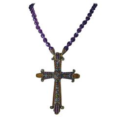 Vintage Heidi Daus Purple Beaded Cross Pendant Necklace