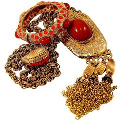 Pauline Rader Massive Carnelian Fringe Necklace with Clamp Bracelet & Ring 70s