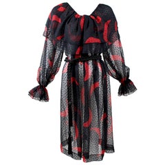 Vintage 1970s Yves Saint Laurent Red & Black Crescent Moon Ruffle Peasant Dress 