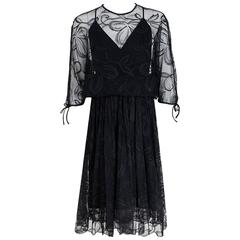 1970's Donald Brooks Black Lace Illusion Plunge Batwing-Sleeve Goddess Dress 