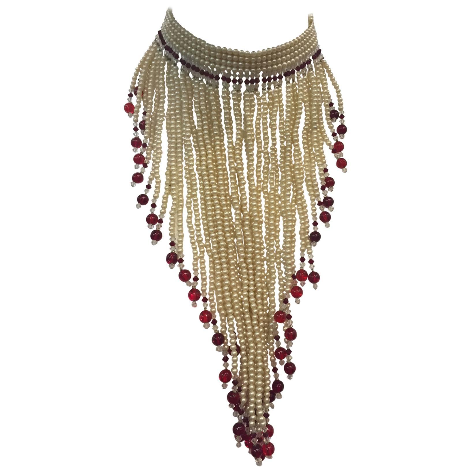 1930s Pearl and Garnet Glass Waterfall Bib Necklace with Rhinestone Clasp