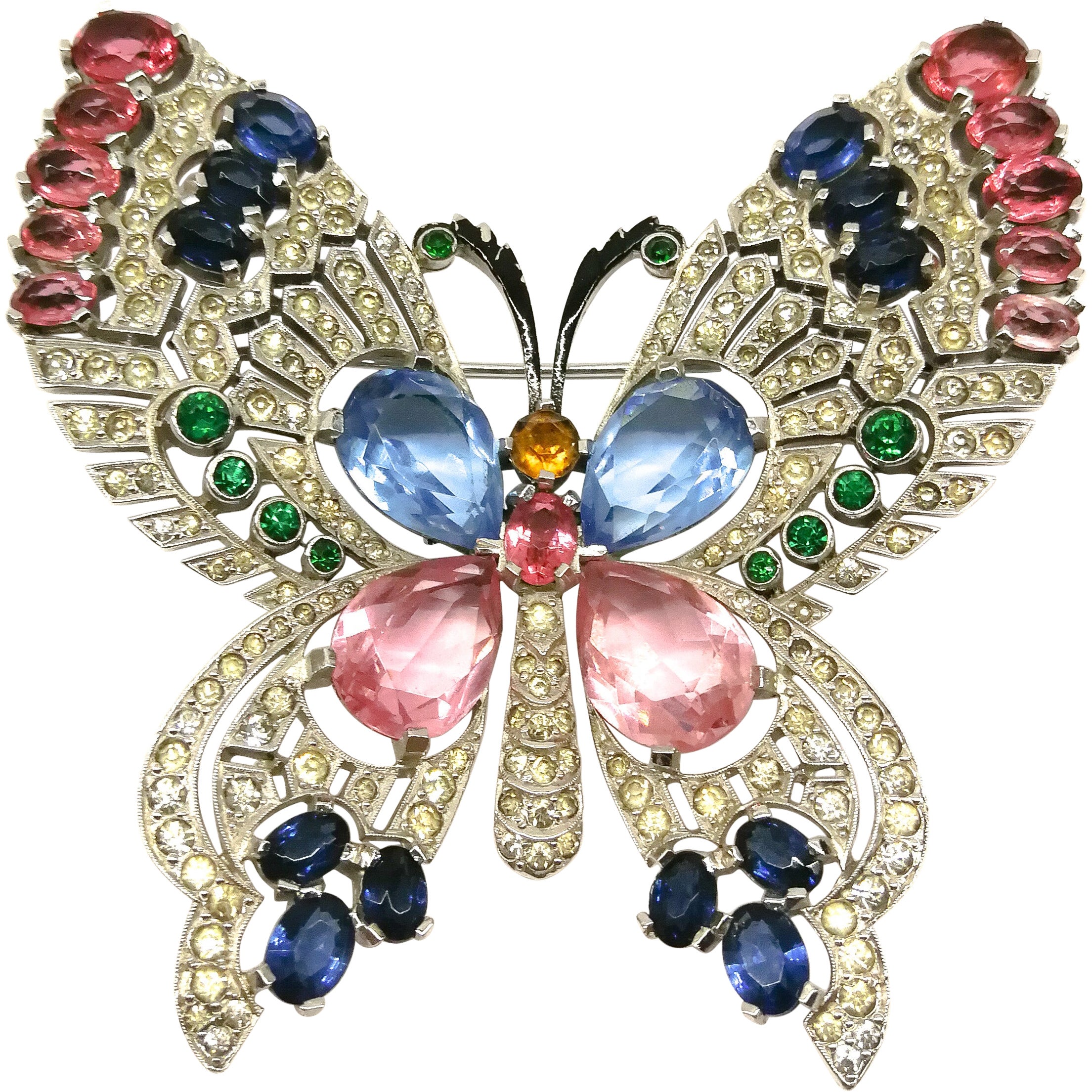 A very large clear and coloured paste 'butterfly' brooch, Mazer, USA, 1950s