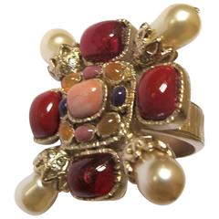 Chanel Gripoix Glass and Faux Pearl Maltese Cross Gold-Tone Ring