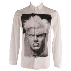 NEIL BARRETT Size L White Cotton 'Punked Marble Dust' Graphic Long Sleeve Shirt