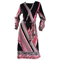 Vintage Lanvin 1970s 70s Pink + Red + Gray Belted Geometric Flower Dress 12