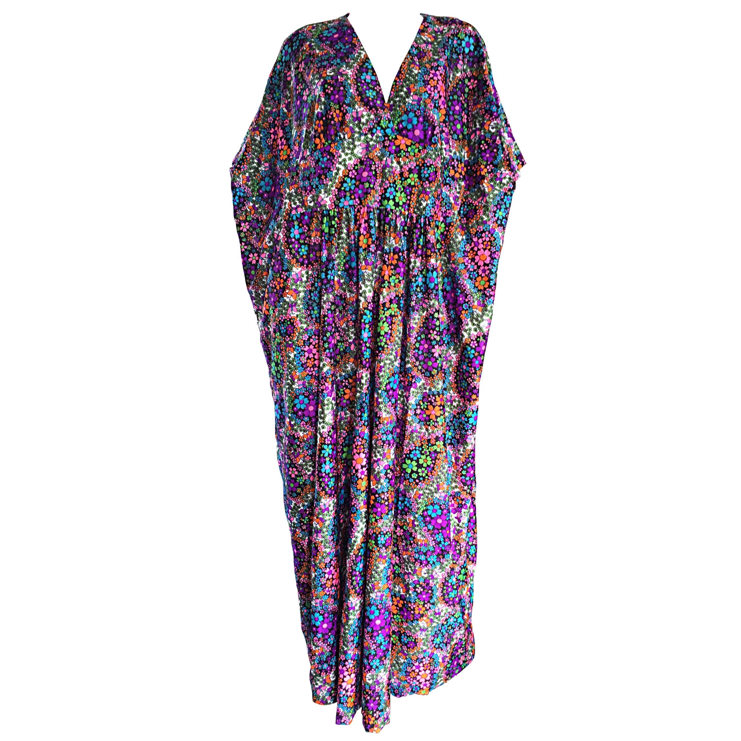 Amazing ' Butterflies and Flowers ' Colorful 1970s 70s Vintage Caftan Dress For Sale
