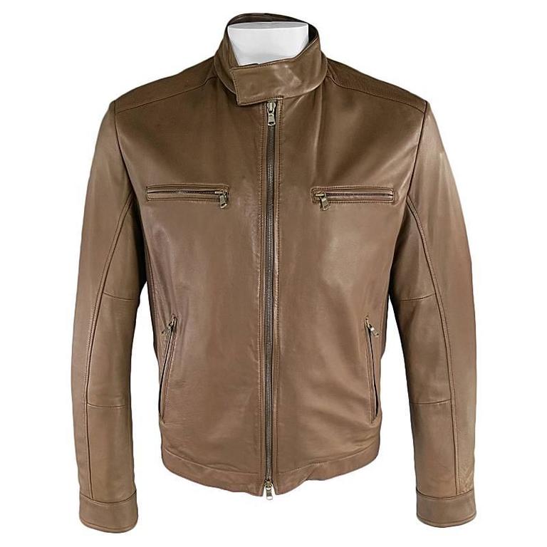 BRUNELLO CUCINELLI Men's 42 Light Brown Leather Moto Jacket at 1stdibs
