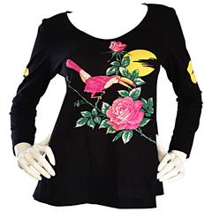 Vintage Hanae Mori ' Toucan Floral ' Black Long Sleeve Top 5