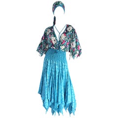 Amazing Retro Diane Freis Colorful Beaded Boho Dress w/ Head Scarf 