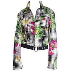 Important Vintage Gianni Versace Couture Op - Art Geo Floral Belted Jacket 1990s