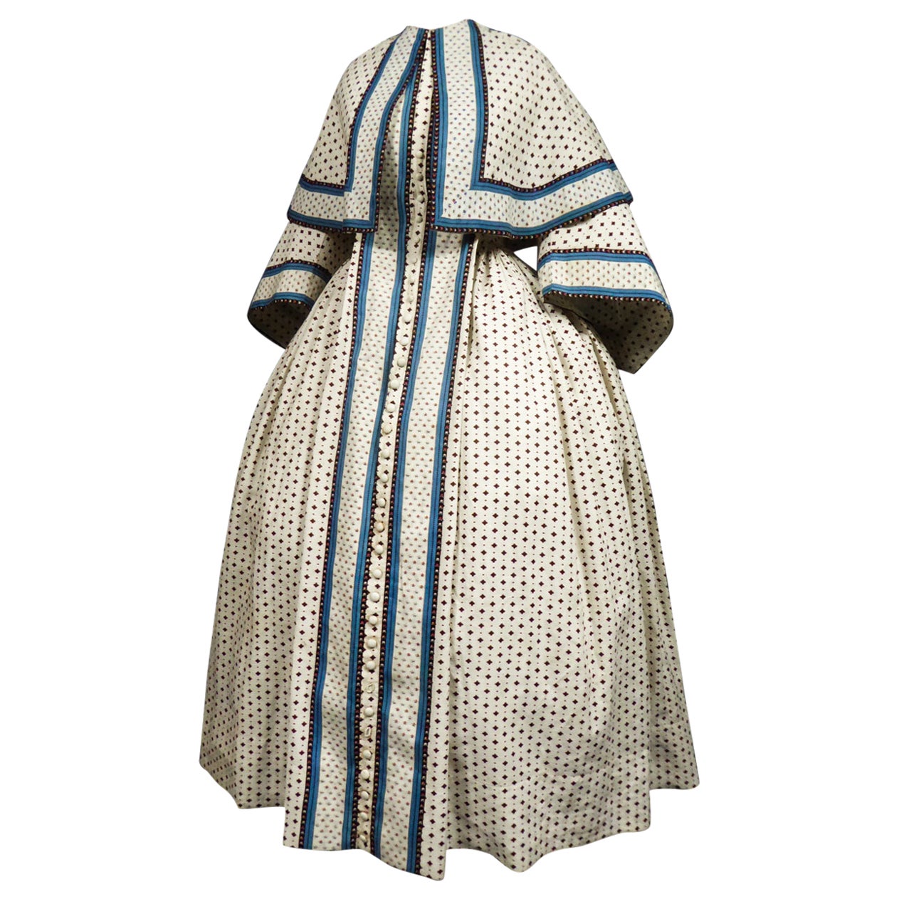 A Printed Cotton Crinoline Day Dress - France Napoleon III Period Circa 1865