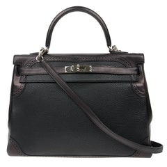 HERMES Kelly 35 Ghillies Flap Bag in Black Togo and Swift Leather