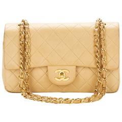 1990s Chanel Beige Quilted Lambskin Vintage Small Classic Double Flap Bag