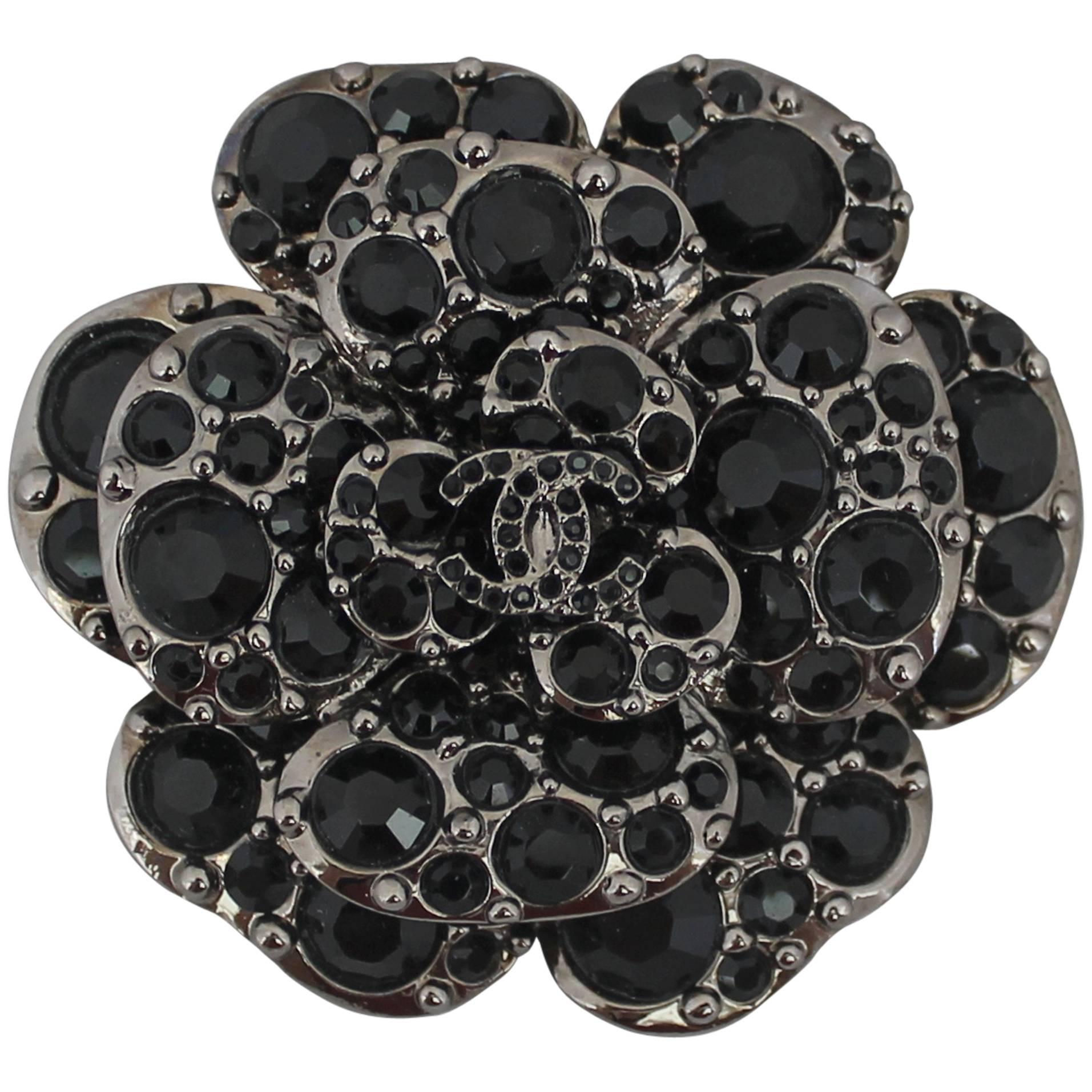 Chanel Black Rhinestone Camellia Pin & Pendant with "CC" - circa 2012