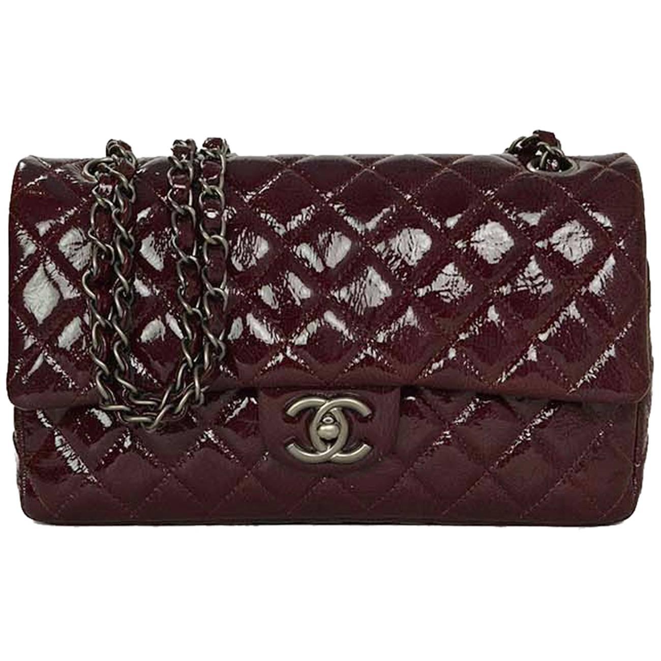 Chanel Burgundy Distressed Patent Medium Classic Double Flap Bag RHW