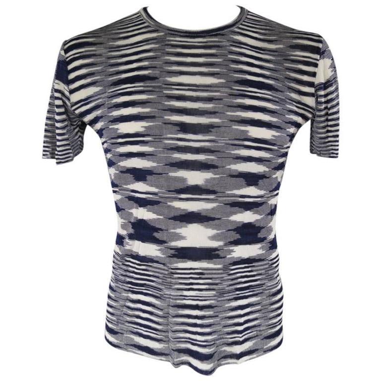 MISSONI Size L Navy and White Pattern Knit Stripe T-shirt at 1stdibs