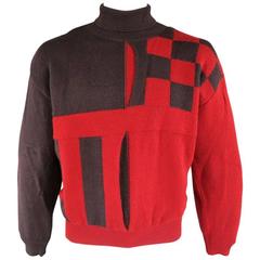 Vintage ISSEY MIYAKE Men's M Red & Eggplant Color Block Wool Sweater