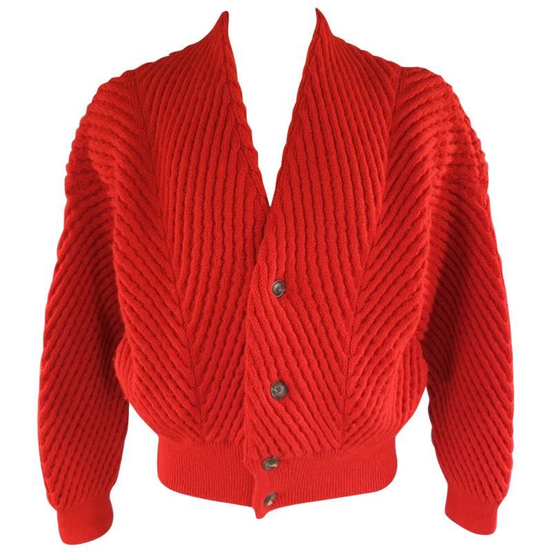Vintage ISSEY MIYAKE M Red Textured Cable Knit Wool Batwing Cardigan