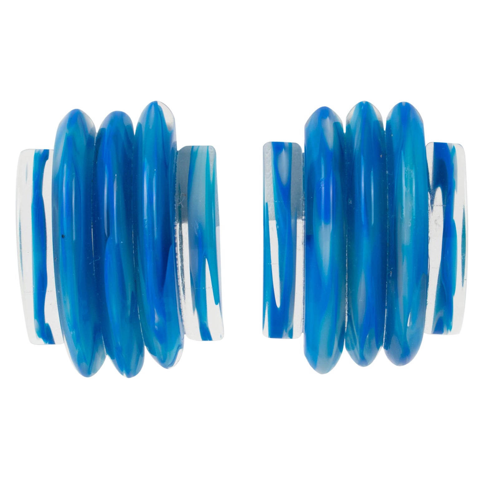 Kaso Oversized Striped Cobalt Blue Lucite Clip Earrings