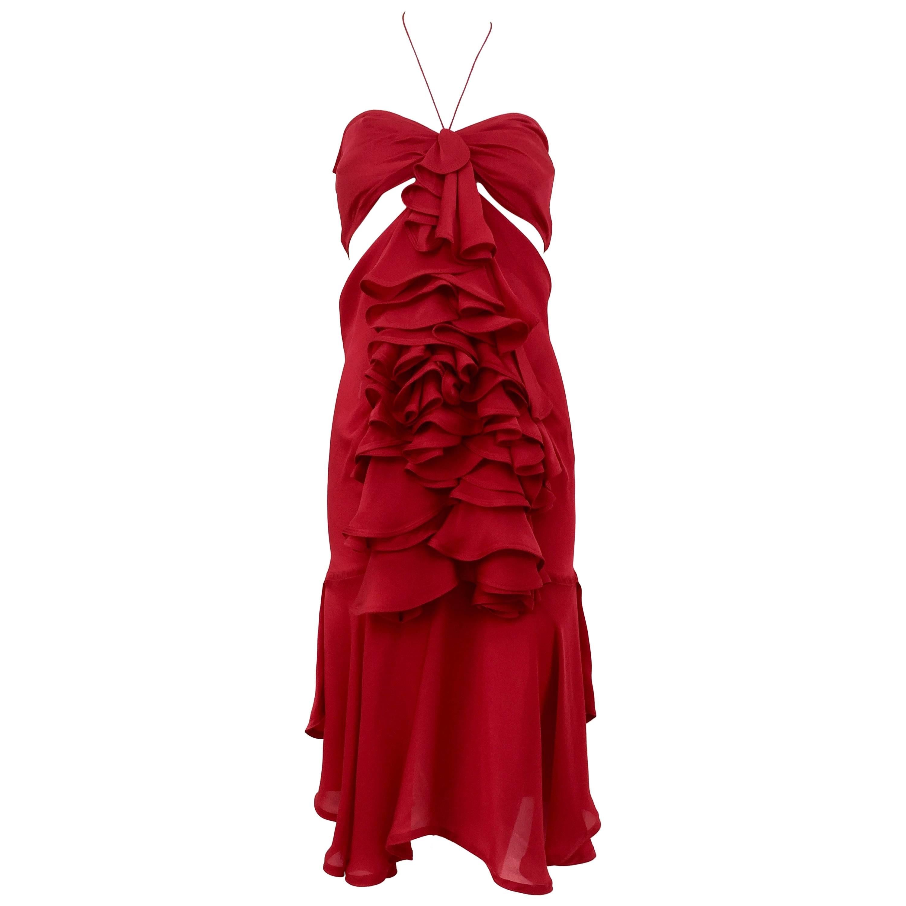 Yves Saint Laurent by Tom Ford red silk ruffle dress