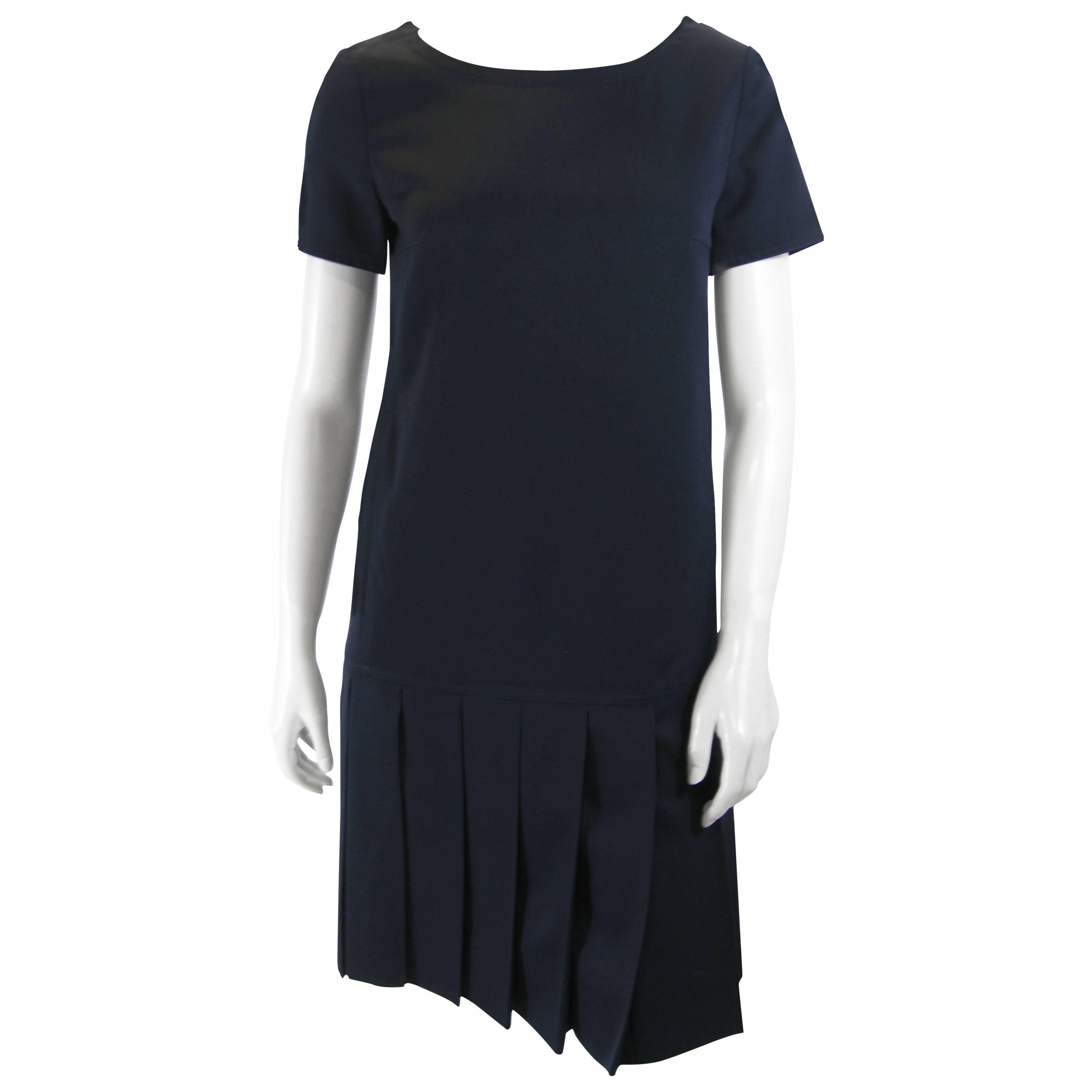 Courreges Navy Blue Drop Waist Pleated Dress