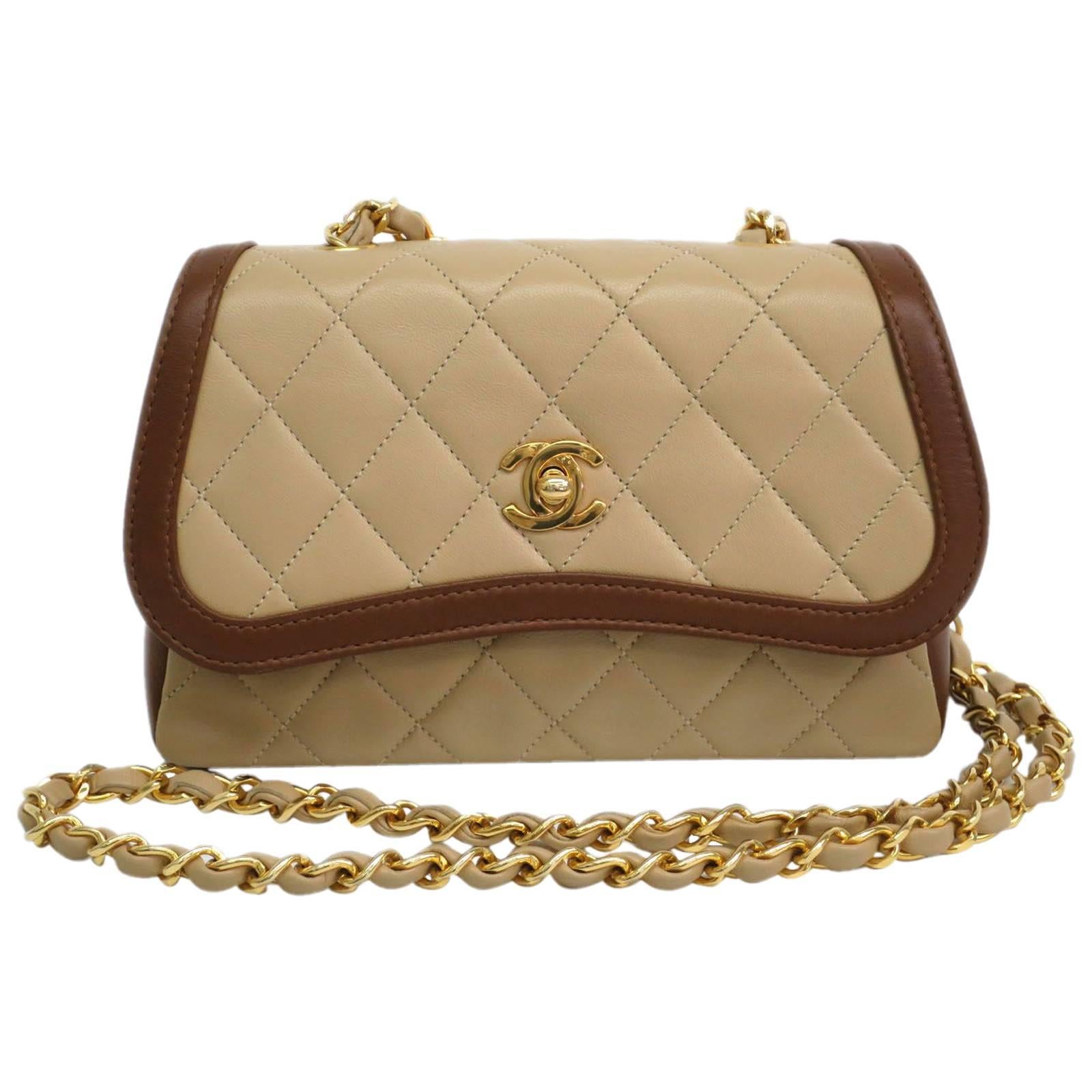 Chanel Rare Vintage Beige and Brown Two Tone Calfskin Gold HW Flap Shoulder Bag