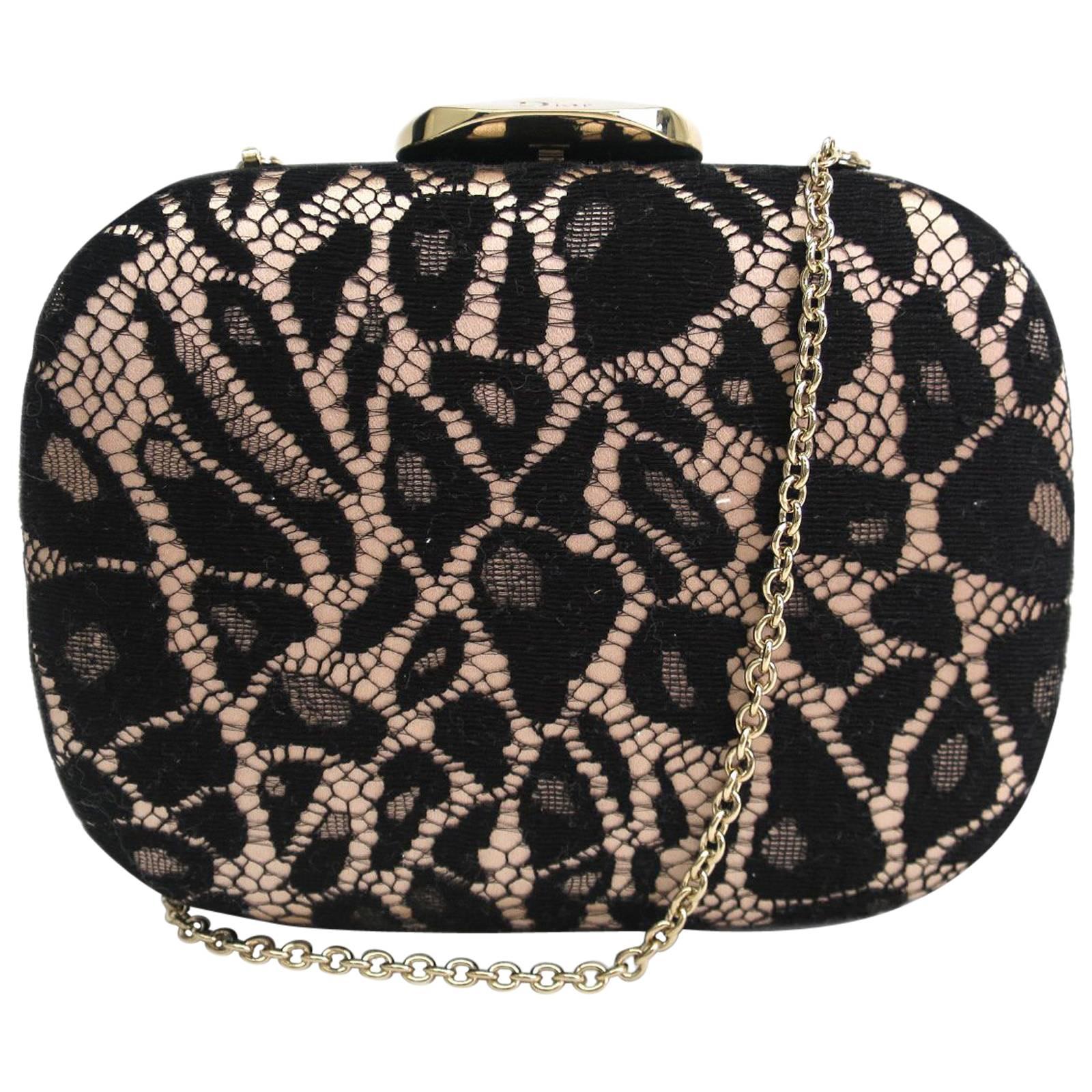 Christian Dior Black Nude Lace Satin Gold Chain Clutch Evening Shoulder Bag