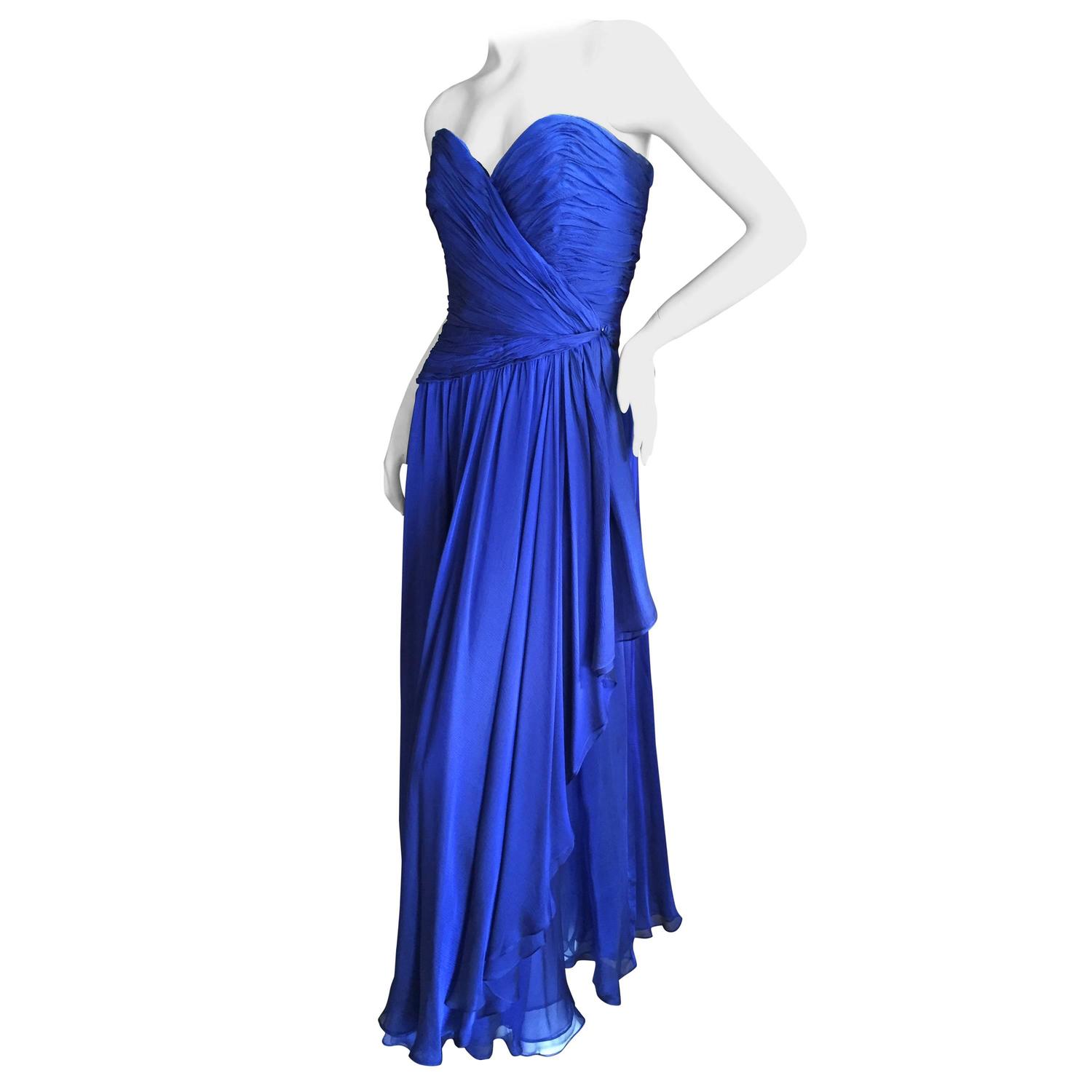 Oscar de la Renta Vintage Sapphire Blue Silk Chiffon Evening Dress at ...