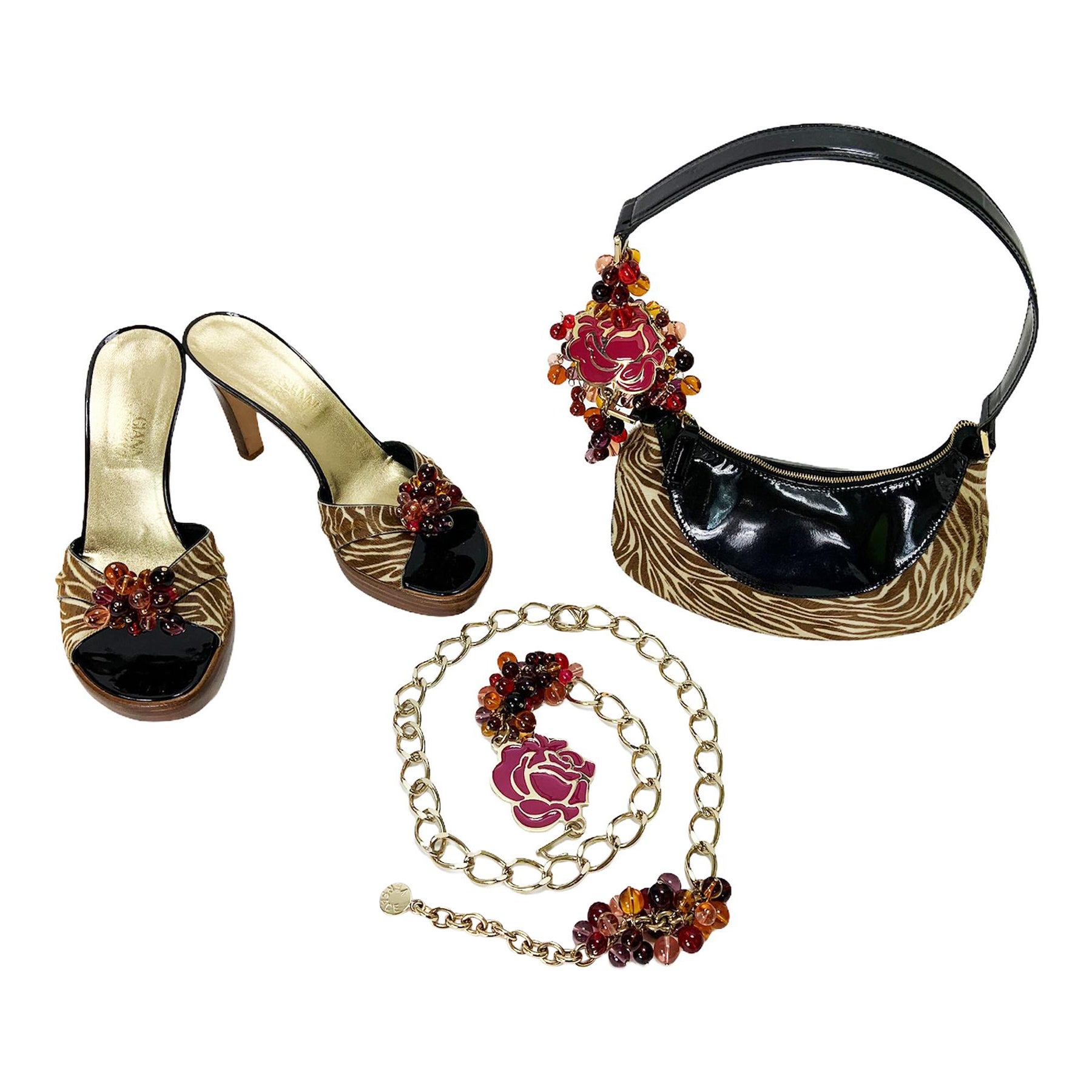 Vintage Gianni Versace S/S 1991 Matching Jeweled 3 pc Set - Bag + Belt + Shoes