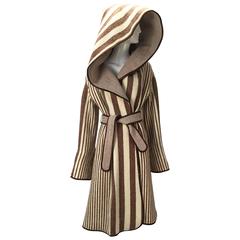 1970's Casa De Lama Cream and Brown Striped Wrap Coat with Hood