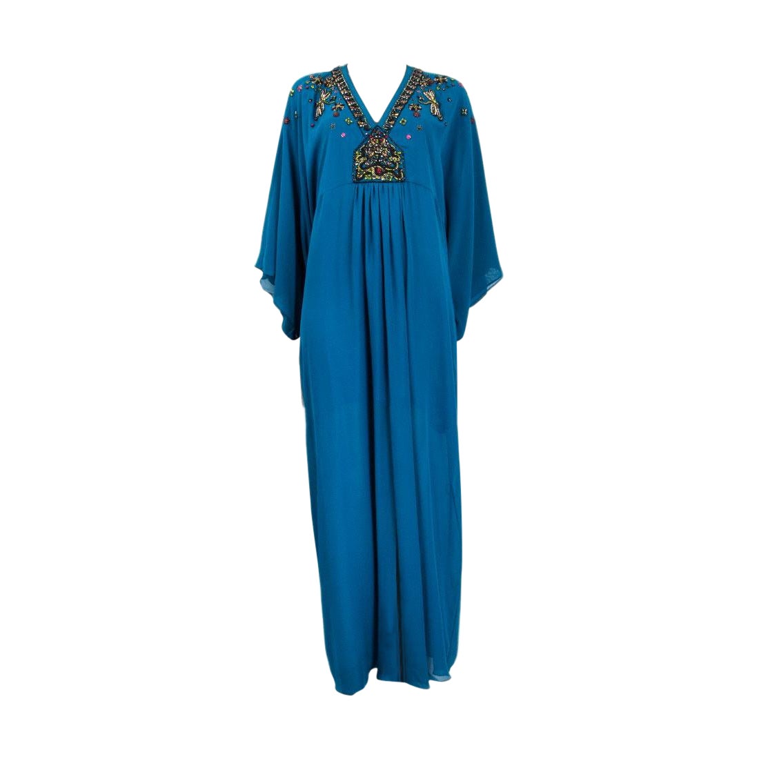 ROBERTO CAVALLI petrol silk CRYSTAL EMBELLISHED Kaftan Dress 38 XS For Sale